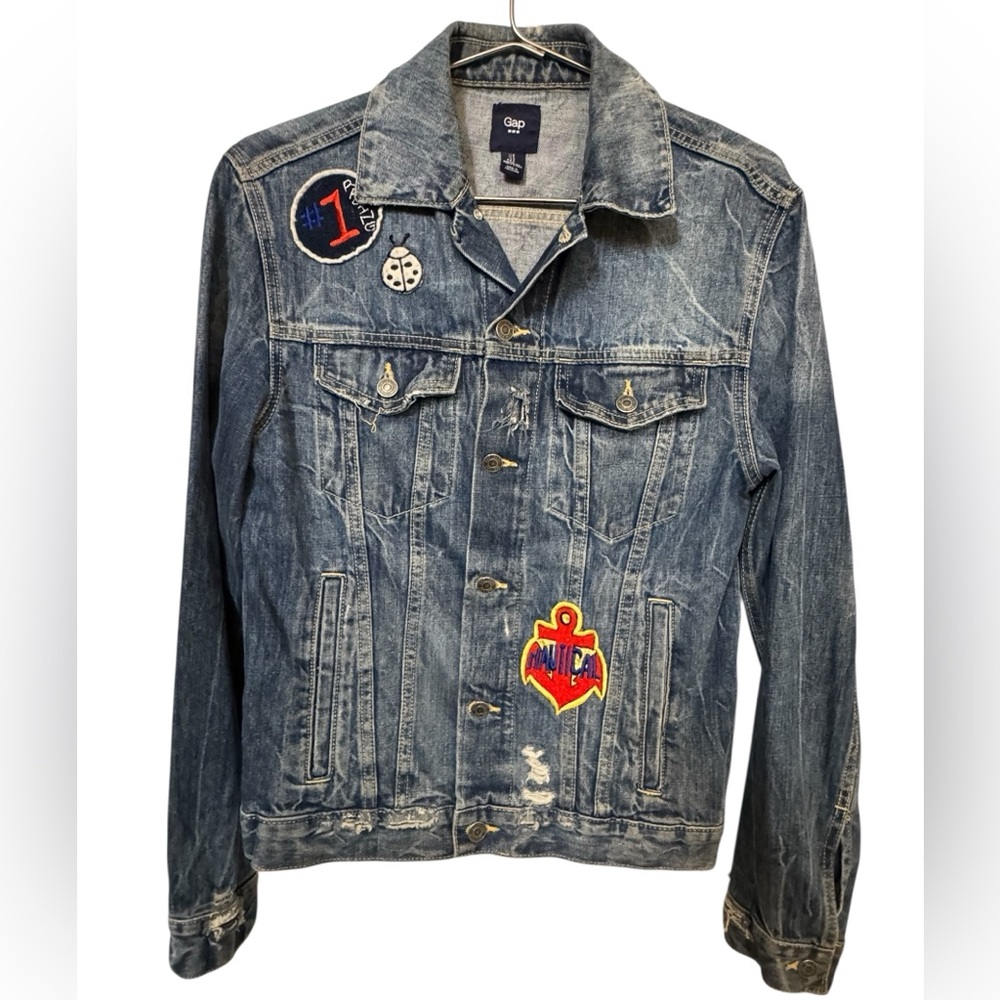 GAP Distressed Blue Denim Jean Jacket Retro Patches Nautical Racing Women’s S
